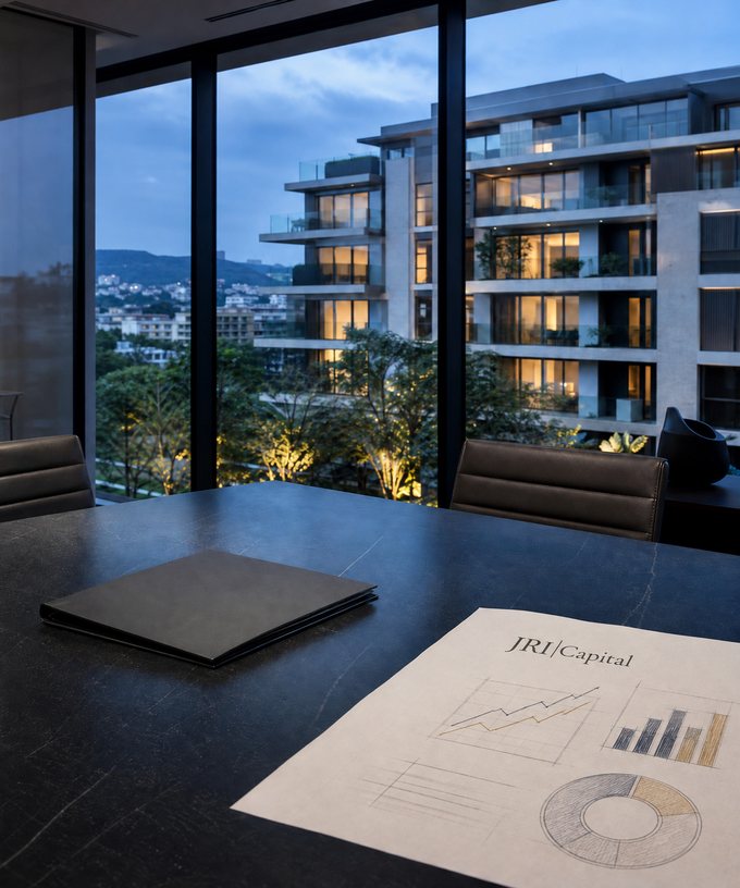 Sala de reunião executiva ao anoitecer com vista para um edifício residencial contemporâneo, pasta de transação e folha de análise com a identidade JRI Capital sobre a mesa.